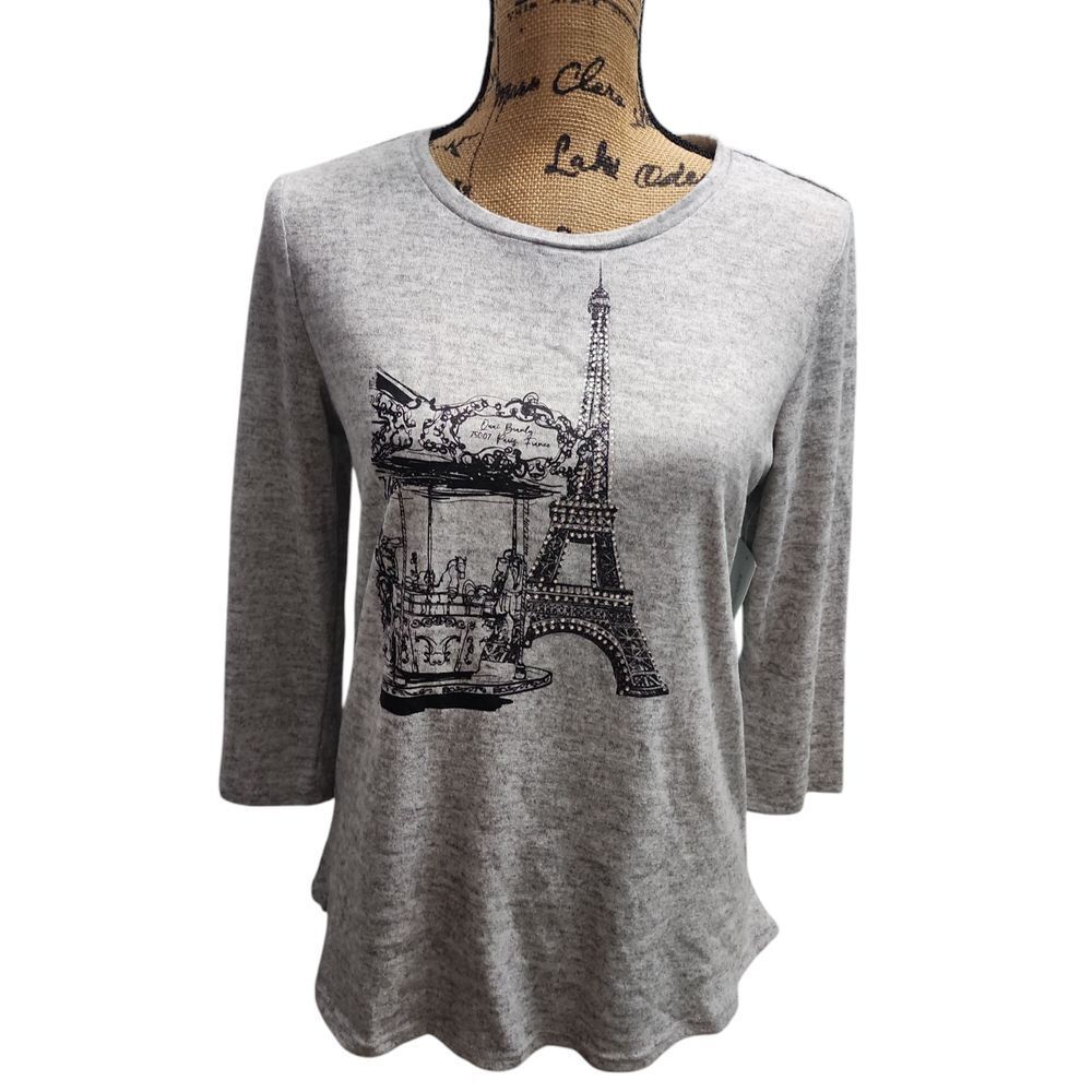 89th + Madison Gray Paris Eiffel Tower Print 3/4 Sleeve Top Women's M/M‎